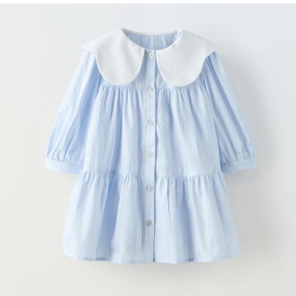 Zara Sweet Baby Girl 100% Cotton Peter Pan Collar Baby Ble Dess - Size 18 Months - Picture 4 of 4